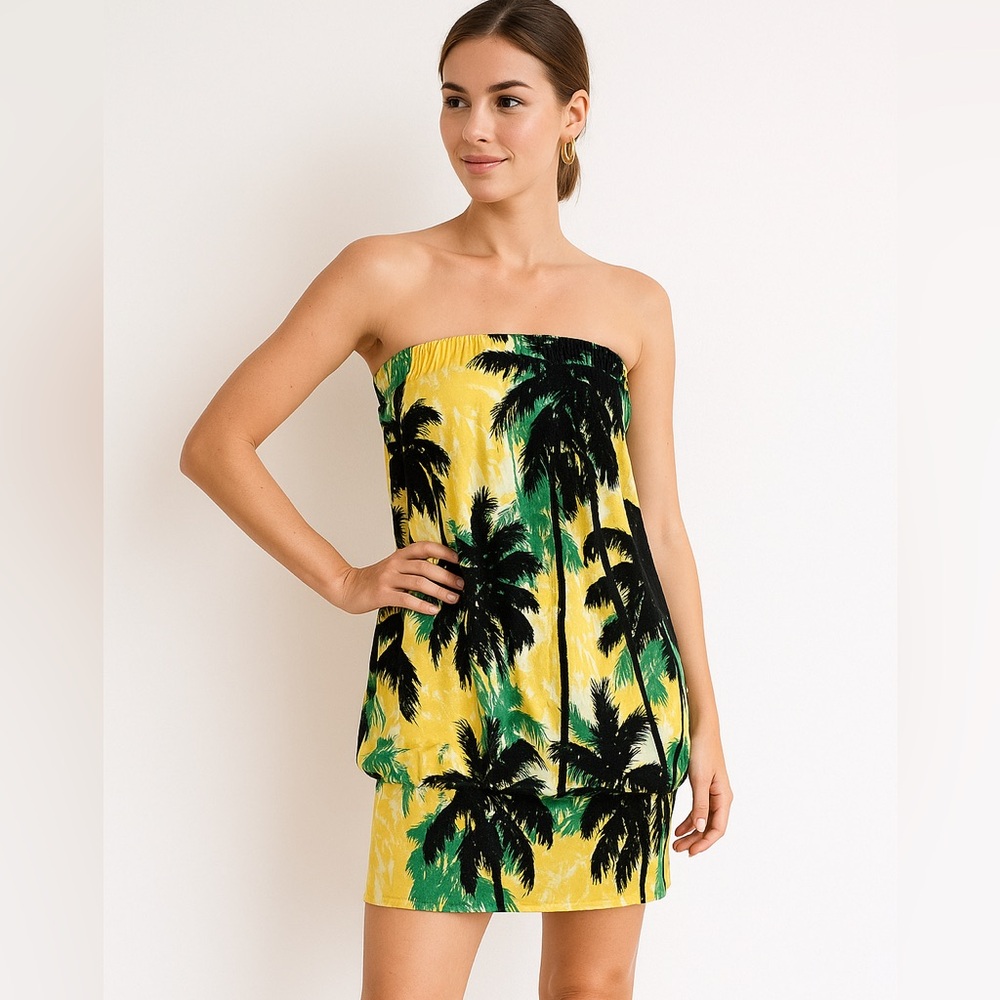 NORMA KAMALI x EVERLAST | Strapless Bubble Hem Tropical Palm Dress
